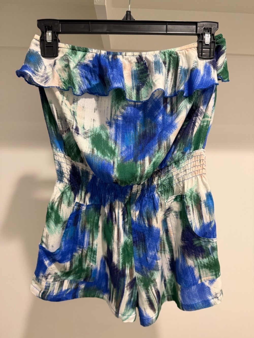 Forever 21 Blue & Green Abstract Print Off-the-Shoulder Romper | Size Small